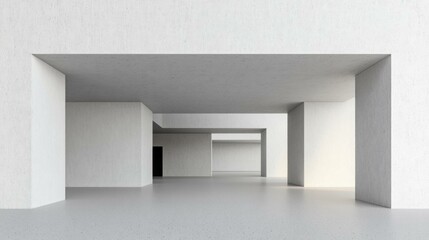 Modern minimalist interior design with spacious white walls and open layout, showcasing a neutral palette and light filled environment