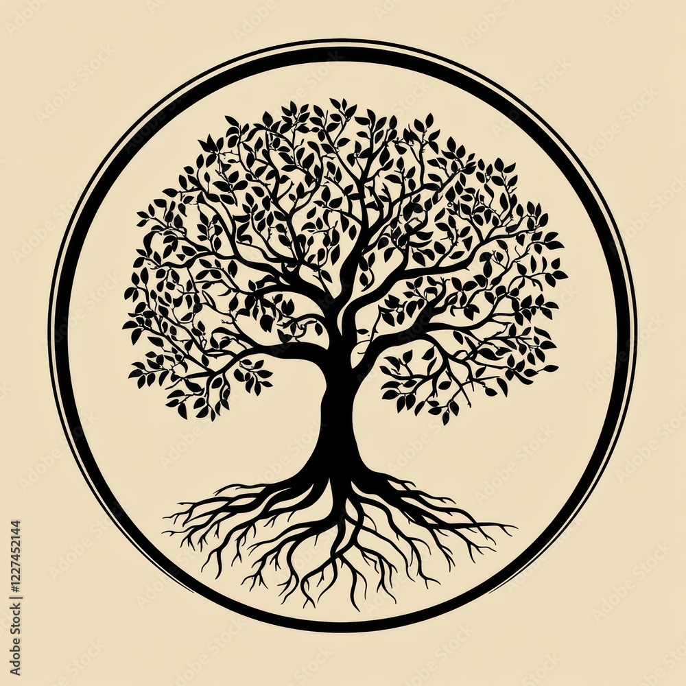 Poster tree of life illustration showing intricate roots and leafy branches in a circular design on a light