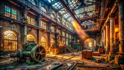 Obraz premium Abandoned Industrial Building Interior: Urban Exploration Photography - Crumbling Walls, Rusting Machinery, Dark Atmosphere