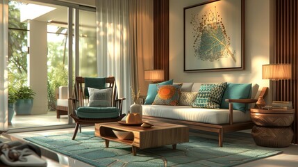 Fototapeta premium Modern living room interior with stylish furniture, vibrant decor, and garden view through glass doors