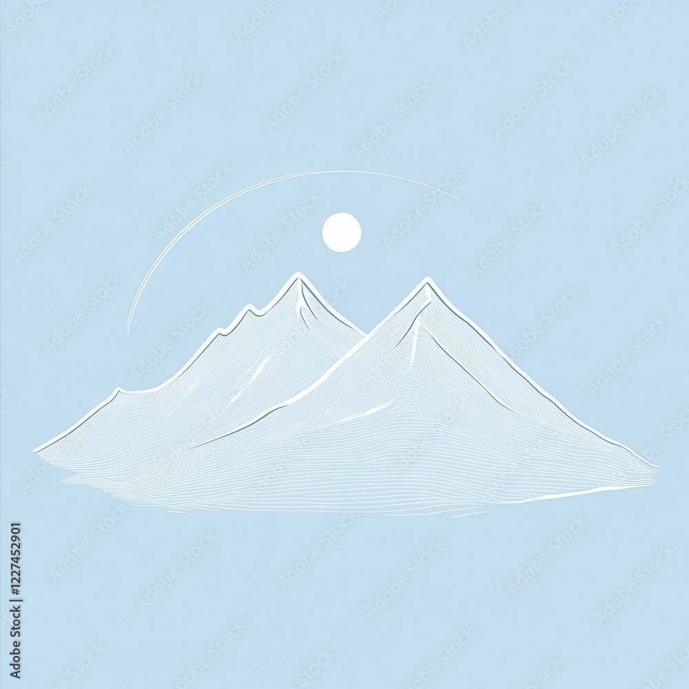 Poster snow capped mountains under a clear sky with a bright sun in the background at noon. generative ai