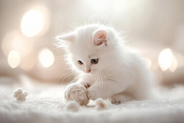 Adorable fluffy white kitten playing with a yarn ball on a soft surface with blurred lights in the background