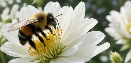 Honeycomb-colored bumblebee on large white flower , botanical, macro photography, nature