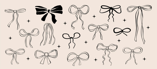 Doodle vector set of bows and ribbons. Hand drawn bow knots for greeting cards, gifts, posters, banners, invitations and party backgrounds.
