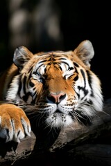 Naklejka premium Regal Tiger: A tiger prowling through natural habitat, its orange and black stripes blending perfectly with the sunlight and shadows.