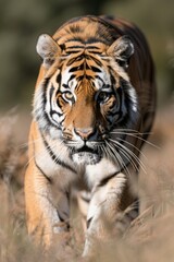 Fototapeta premium Regal Tiger: A tiger prowling through natural habitat, its orange and black stripes blending perfectly with the sunlight and shadows.