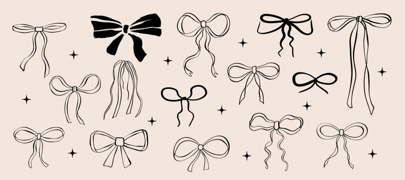 Doodle vector set of bows and ribbons. Hand drawn bow knots for greeting cards, gifts, posters, banners, invitations and party backgrounds.