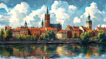 Obraz premium Picturesque Cityscape by the River: A Stunning Artistic Rendition
