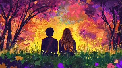 Couple watching sunset in colorful autumn forest