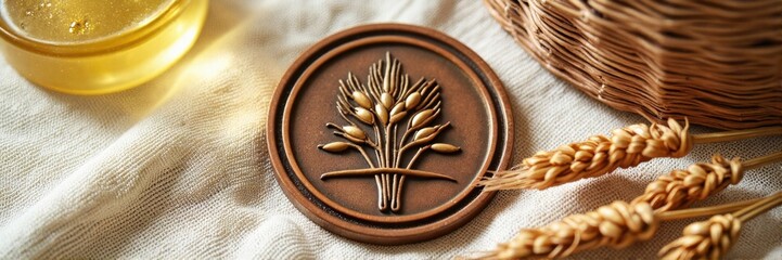Wooden emblem with wheat symbol on fabric with honey and grain