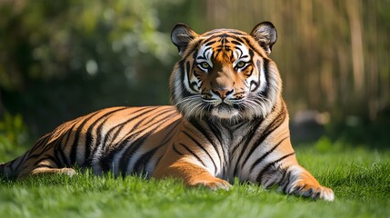 Obraz premium Majestic Bengal Tiger Lazing on Green Grass Under Bright Sunlight