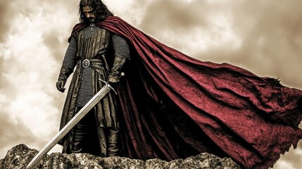 Medieval warrior, dramatic pose, rocky landscape, stormy sky, fantasy film poster