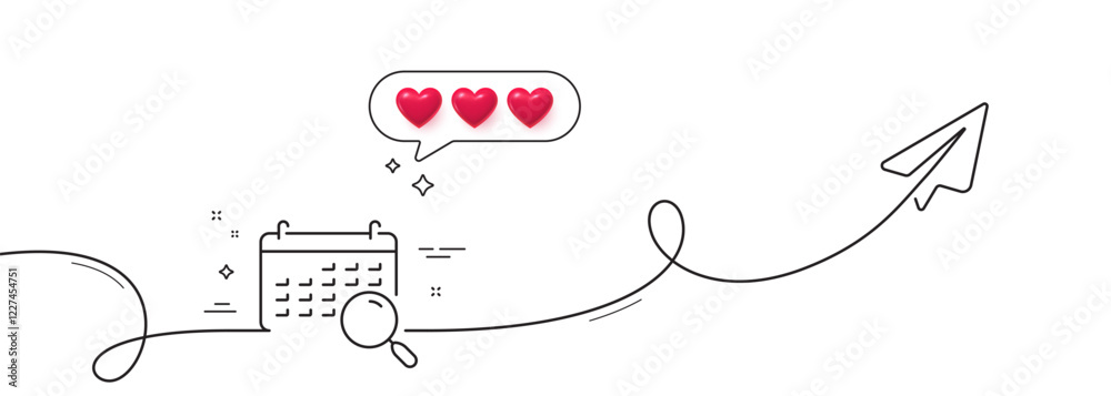 Poster search calendar line icon. continuous line with share plane. find date sign. magnify glass. hearts r