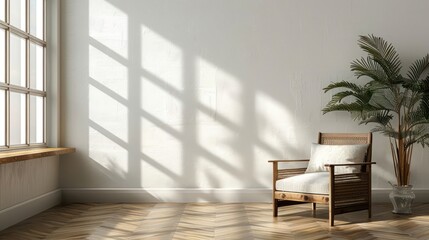 Cozy interior with a wooden chair and potted plant, sunlight casting shadows on the wall (1)