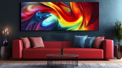 Vibrant Abstract Painting Above Modern Red Sofa in Stylish Living Room
