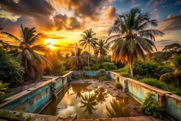 Abandoned Sunset Pool, Palm Trees, Urban Decay, Grunge, Overgrown