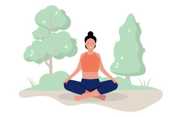 Woman meditating outdoors - Female person sitting in meditation position relaxing, feeling calm and peaceful in park or forest alone. Simple flat design vector illustration on white background