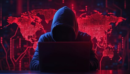 World Map Highlighting Global Hacker Attacks: Web Design Template For Internet Security In Peril With Dark Background And Phishing Threats.