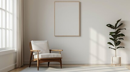 Modern minimalist living room with empty frame, natural light, and indoor plant accentuating space