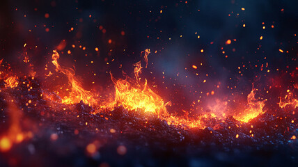 Fiery Lava Flow Erupting from a Volcano with Glowing Embers and Smoky Background at Night