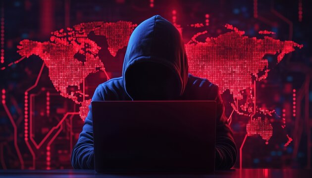 World Map Highlighting Global Hacker Attacks: Web Design Template For Internet Security In Peril With Dark Background And Phishing Threats.