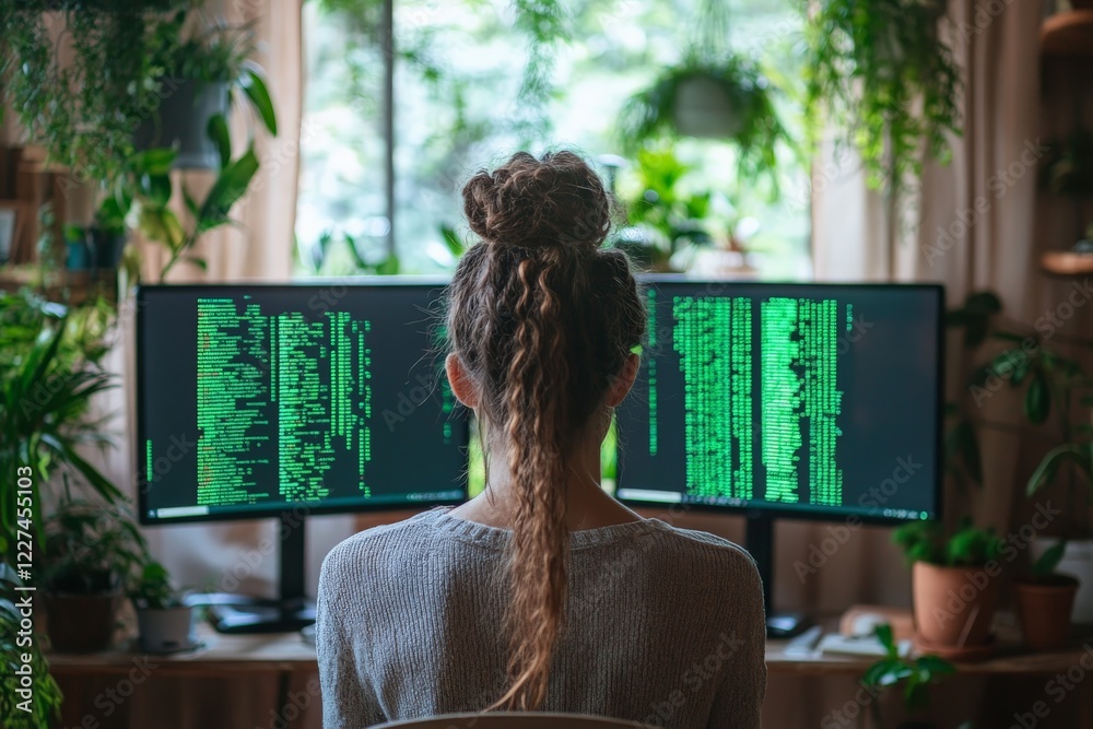 Poster person focusing on coding at a home office filled with greenery during the afternoon