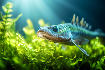 Obraz premium Underwater Scene with Colorful Fish Swimming Among Lush Green Aquatic Plants and Sunlight