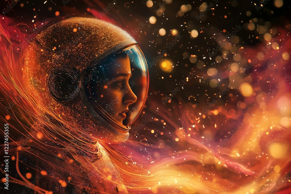 Aufkleber Astronaut gazes into the cosmos while vibrant colors and particles swirl around in a captivating display