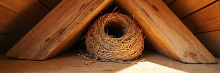 Bird nest tucked inside a wooden attic structure