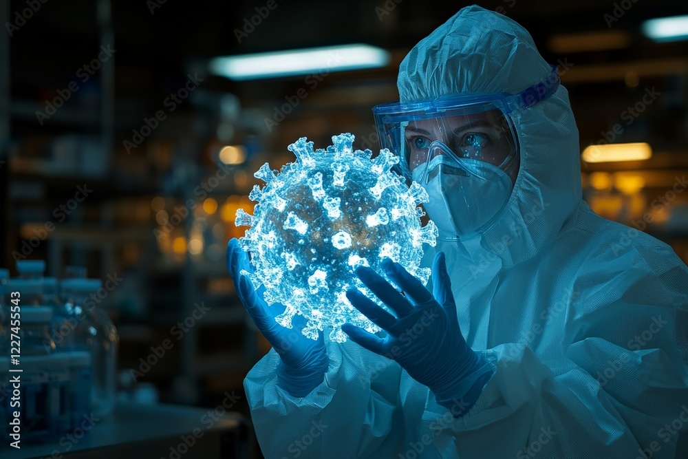 Poster Scientist examining a glowing virus model in a laboratory setting during nighttime