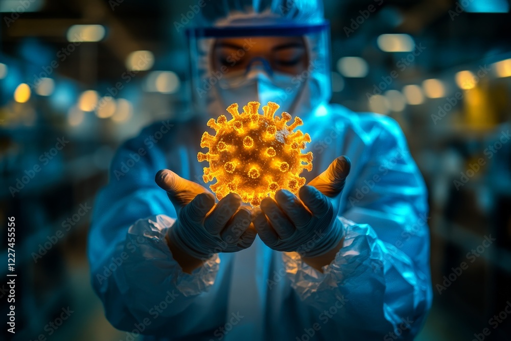 Aufkleber scientist holding a glowing representation of a virus in a laboratory setting during nighttime
