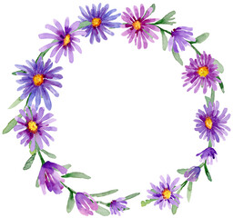 Purple daisy flower border frame wreath watercolor floral illustration hand painted