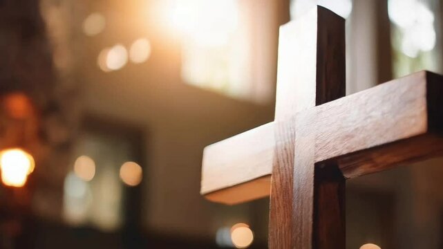 Sunlight passing through stained glass window, shining directly onto the cross in a church, creating a heavenly glow. Symbol of Christianity, spirituality, and divine light in sacred space