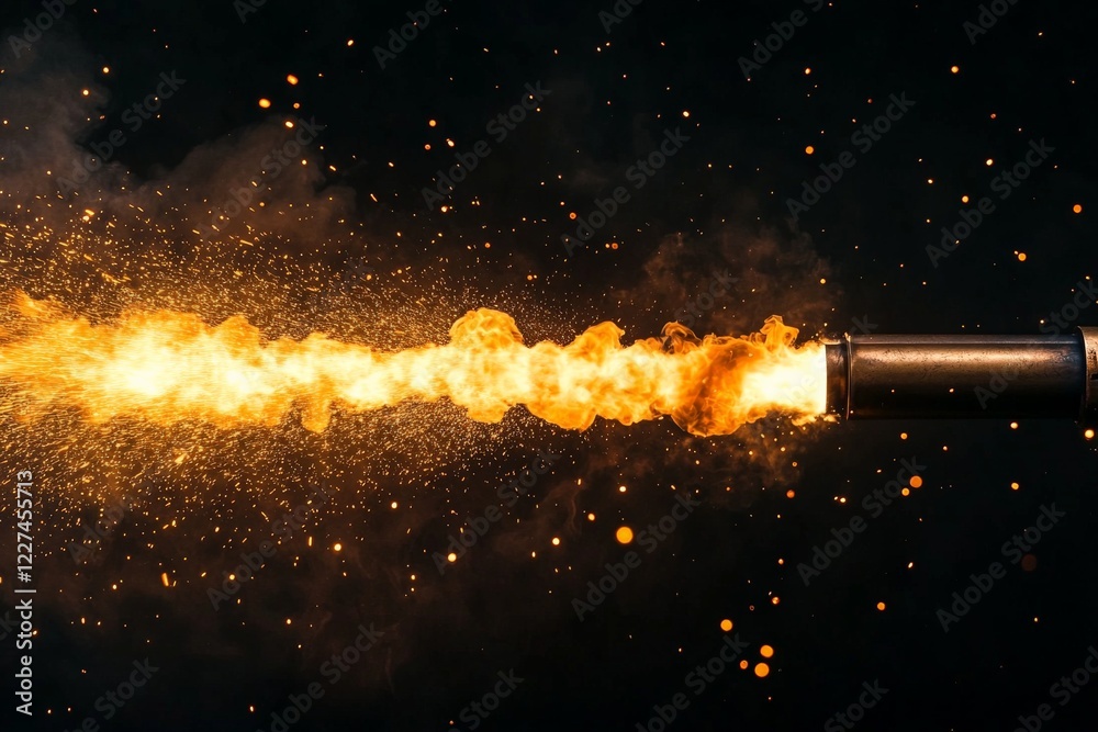 Poster Flame bursts from the muzzle of a weapon creating a dynamic display of fire and sparks at night