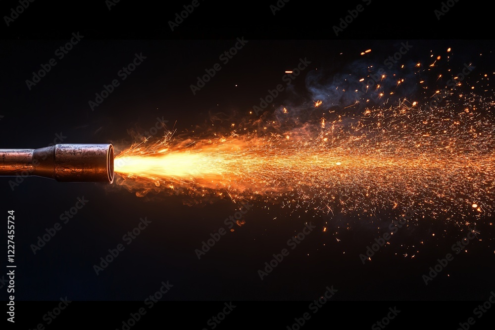 Poster Flame and sparks erupting from a metal nozzle in a dark setting during a metalworking process