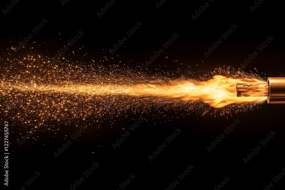 Aufkleber fire and sparks erupt from a metallic nozzle during a vibrant display of pyrotechnics at night