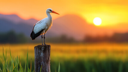 Elegant white bird standing on wooden post at sunset over mountainous landscape and fields