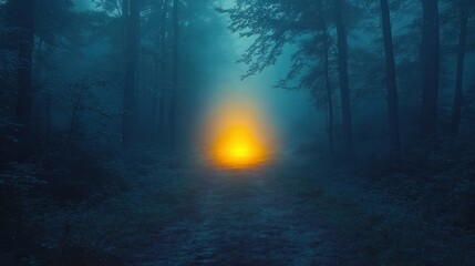 Obraz premium Ethereal Glow in a Misty Forest at Night with Trees Surrounding a Mysterious Yellow Light
