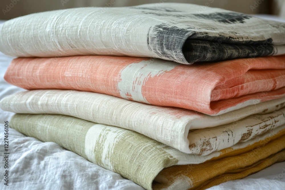 Poster soft linen fabric stacked in various colors on a cozy bed setting during daylight