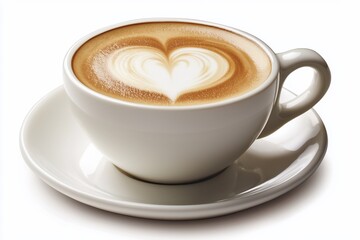 Fototapeta premium A beautifully crafted latte art heart in a white ceramic cup on a saucer, showcasing coffee culture