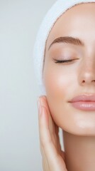 Close Up Serene Woman Face Dewy Skin, Soft Lighting, White Towel, Peaceful Atmosphere