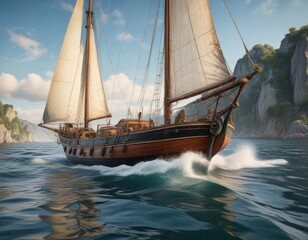 Obraz premium Klassisches Segelboot mit markantem Anker und Leitbogen, sea weathered wood, wooden rigging, old sailing boat