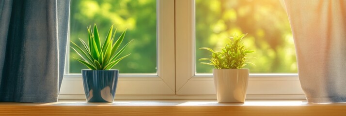 Two Potted Plants on a Sunny Window Sill, Bright and Airy Home Interior with Green Garden View