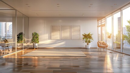 Fototapeta premium Bright and spacious modern office interior with plants, wooden flooring, and city view at sunset