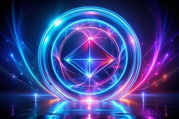 Obraz premium Abstract 3D Neon Play Symbol: Glowing Purple Blue Double Exposure Circle with Rays