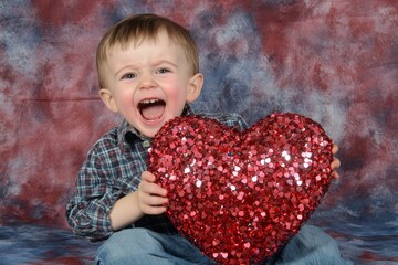 Fototapeta premium Commercial marketing pattern. Sign of love. Ð¡hildren valentine's day greeting card: toddler boy with happy face holds red heart in hands. Love card with kids. Child spreading happiness.