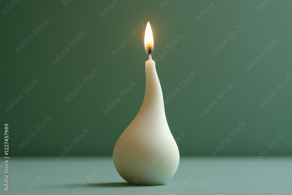 Poster unique teardrop-shaped candle burns softly on a pale green background creating a serene atmosphere