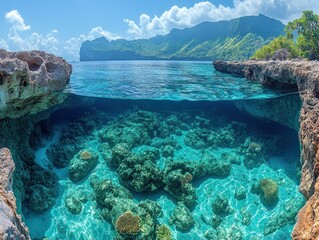 Naklejka premium Split view of a tropical coastline with turquoise water and underwater coral reef