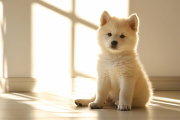 Adorable fluffy puppy sitting in a sunlit room with soft shadows creating a warm ambiance