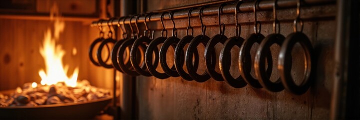 Row of blacksmith-forged horseshoes hanging near fire